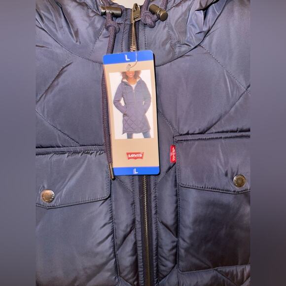 Levi's Women's Soft Sherpa Lined Diamond Quilted Long Blue Parka Jacket New - Picture 8 of 8